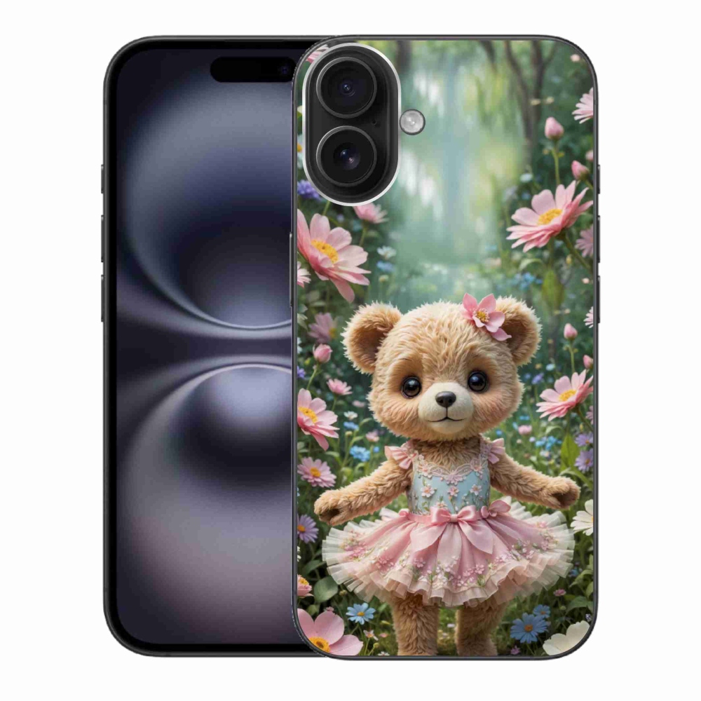 Gelový kryt mmCase na iPhone 16 Plus - roztomilý medvídek v květinách