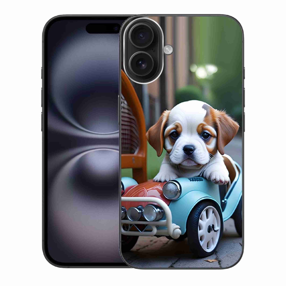 Gelový kryt mmCase na iPhone 16 Plus - štěně v retro autě