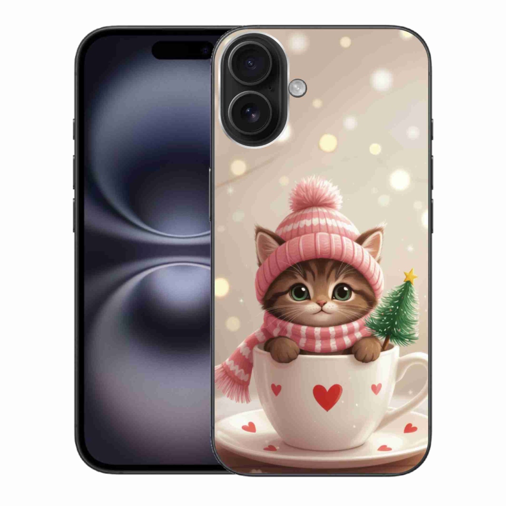 Gelový kryt mmCase na iPhone 16 Plus - vánoční kotě v hrnku