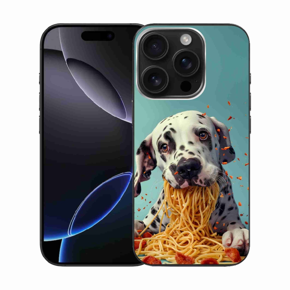 Gelový kryt mmCase na iPhone 16 Pro - dalmatin a špagety