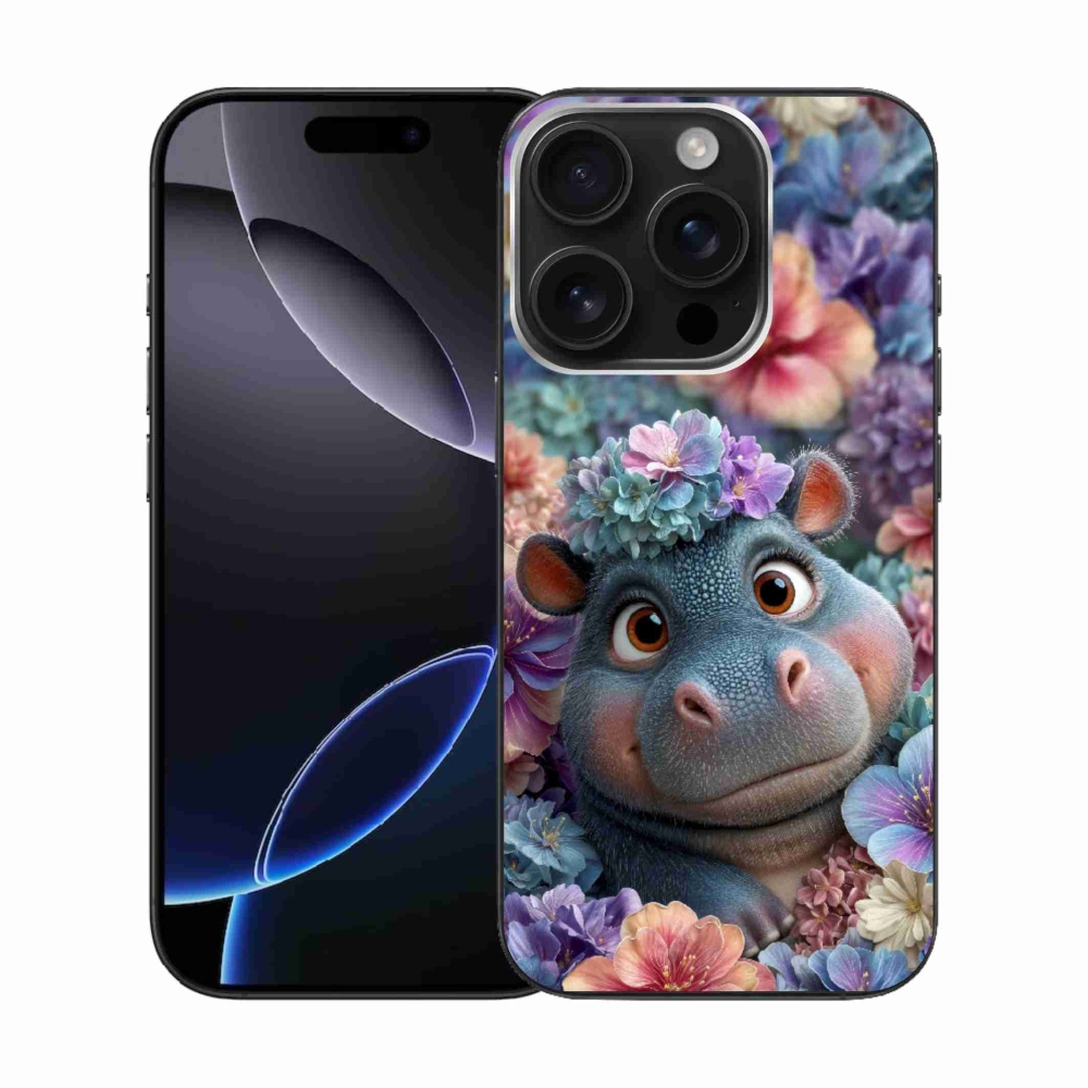 Gelový kryt mmCase na iPhone 16 Pro - hrošík v květinách