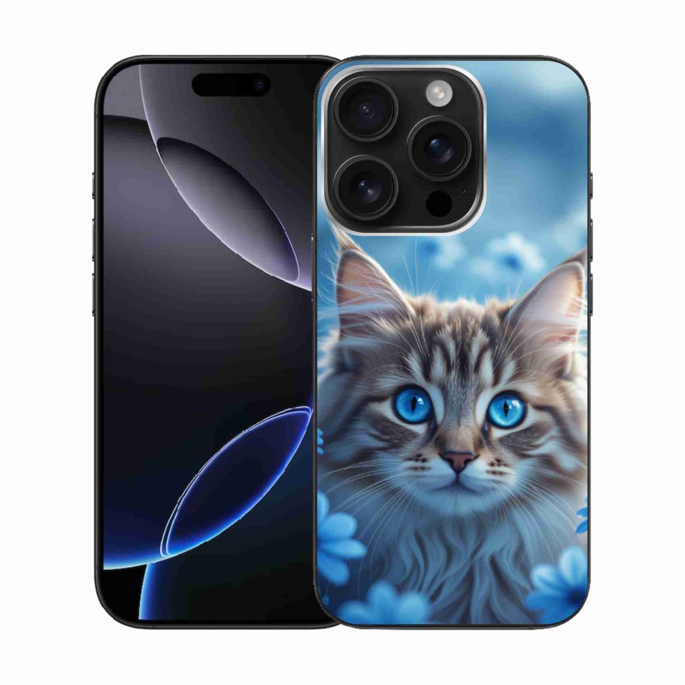 Gelový kryt mmCase na iPhone 16 Pro - koťátko v modrých květech