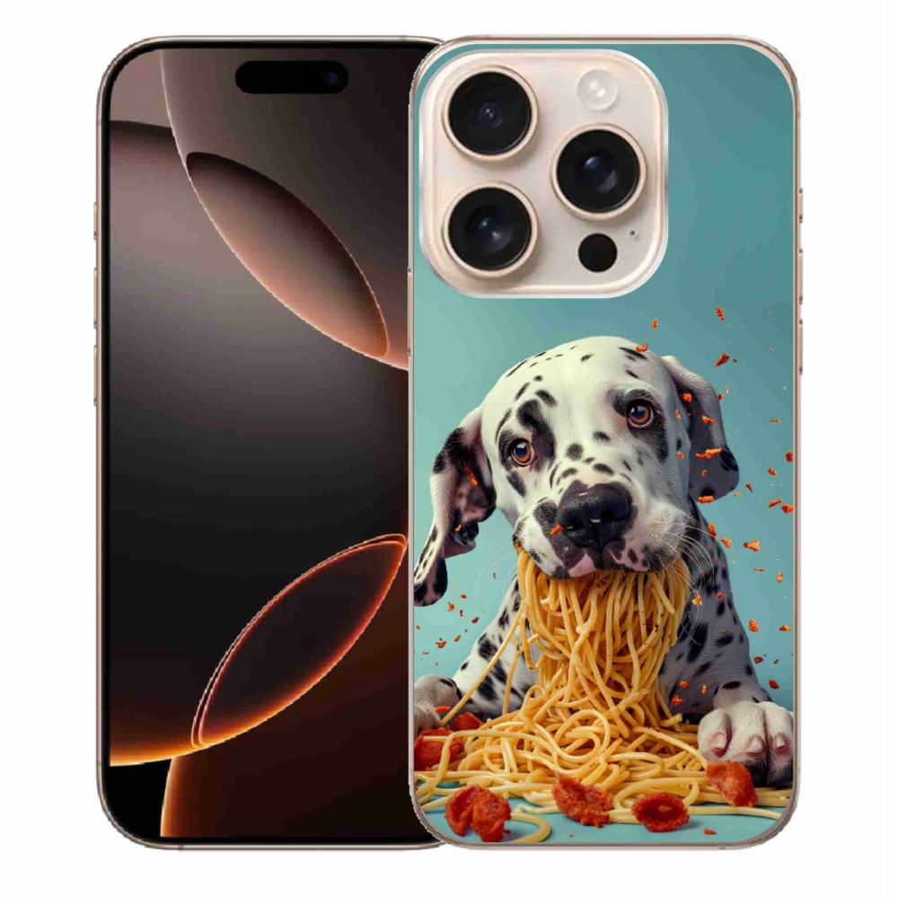 Gelový kryt mmCase na iPhone 16 Pro Max - dalmatin a špagety