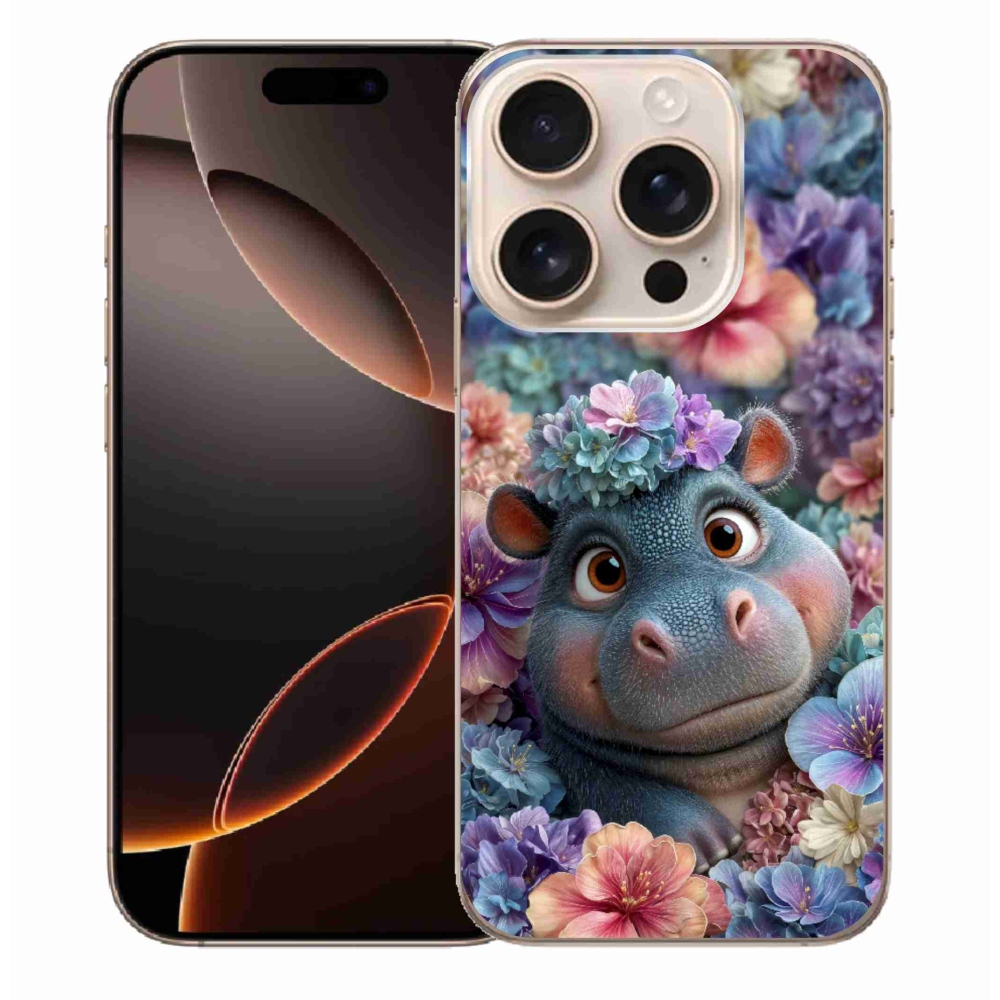 Gelový kryt mmCase na iPhone 16 Pro Max - hrošík v květinách