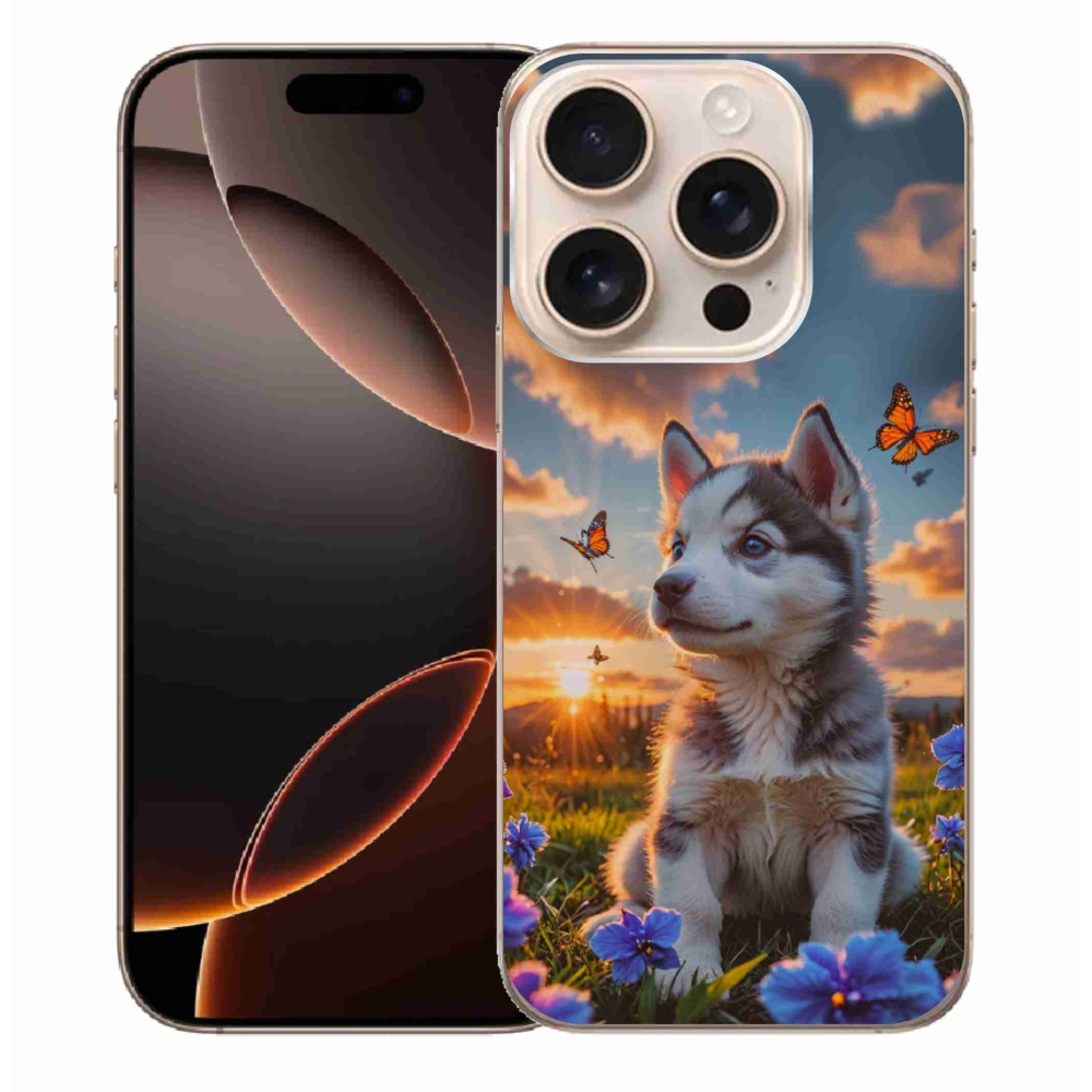 Gelový kryt mmCase na iPhone 16 Pro Max - husky při západu slunce