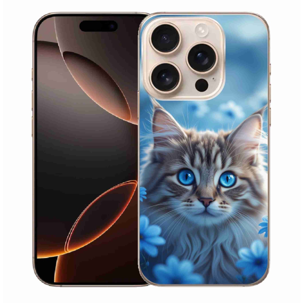 Gelový kryt mmCase na iPhone 16 Pro Max - koťátko v modrých květech