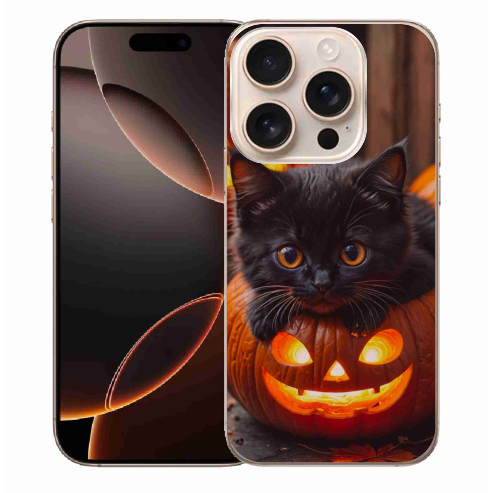 Gelový kryt mmCase na iPhone 16 Pro Max - kotě a dýně