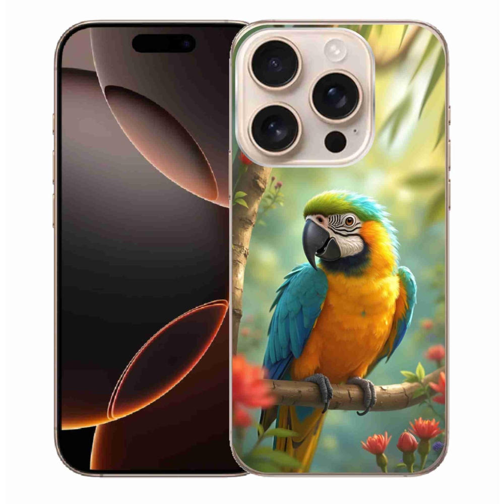 Gelový kryt mmCase na iPhone 16 Pro Max - papoušek ara modrožlutá