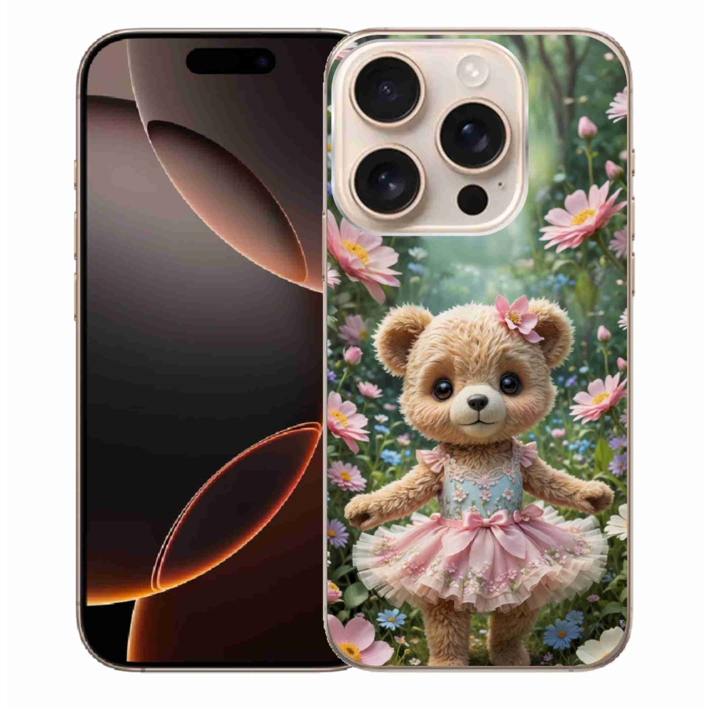 Gelový kryt mmCase na iPhone 16 Pro Max - roztomilý medvídek v květinách