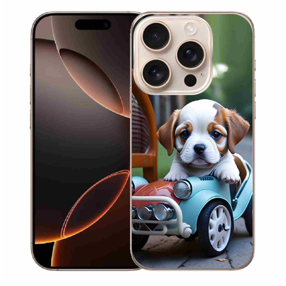 Gelový kryt mmCase na iPhone 16 Pro Max - štěně v retro autě