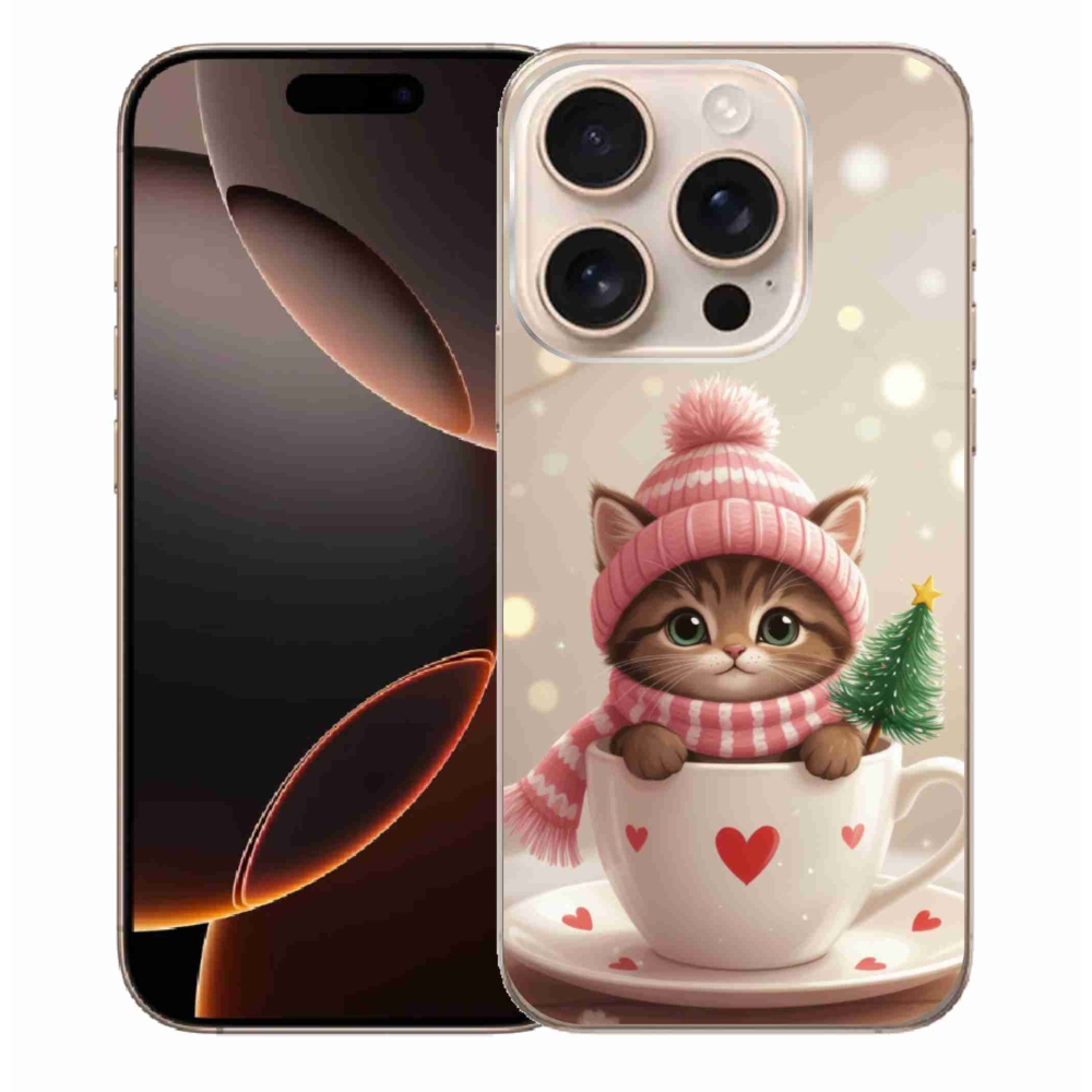 Gelový kryt mmCase na iPhone 16 Pro Max - vánoční kotě v hrnku