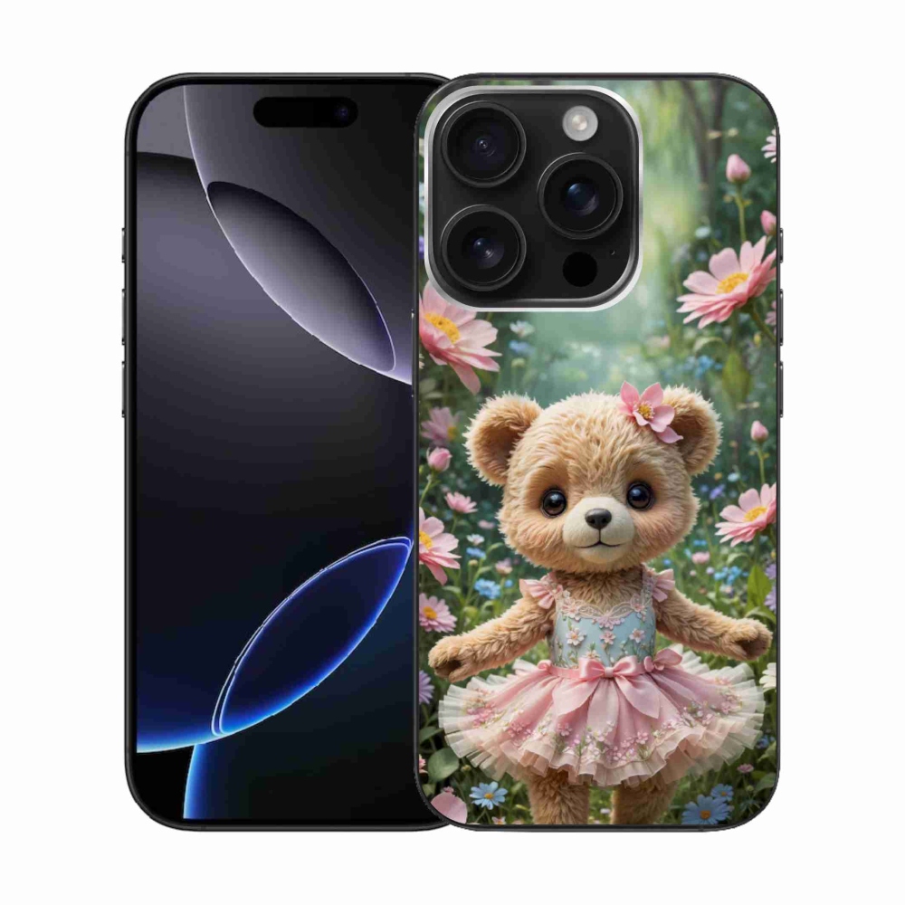 Gelový kryt mmCase na iPhone 16 Pro - roztomilý medvídek v květinách