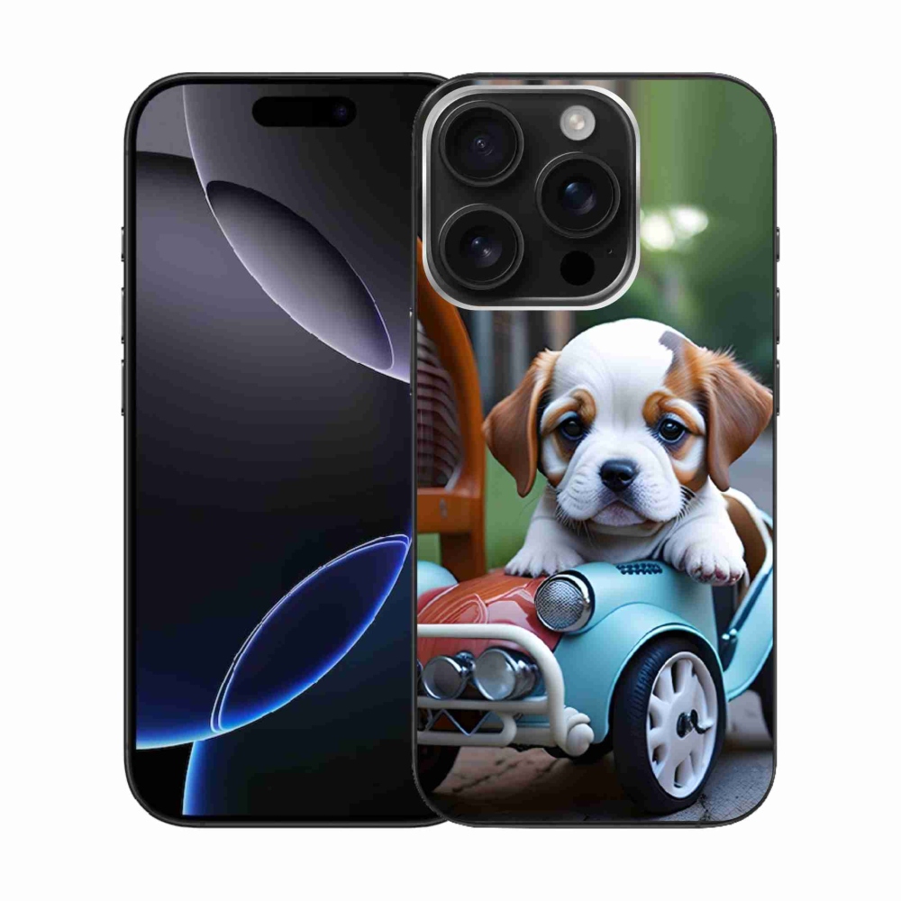 Gelový kryt mmCase na iPhone 16 Pro - štěně v retro autě