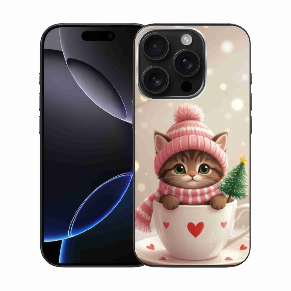 Gelový kryt mmCase na iPhone 16 Pro - vánoční kotě v hrnku