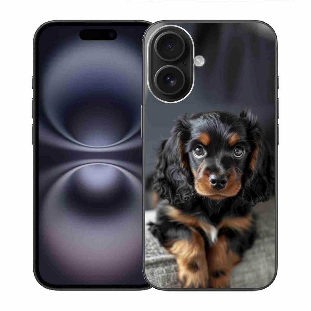 Gelový kryt mmCase na iPhone 16 - roztomilý dlouhosrstý jezevčík