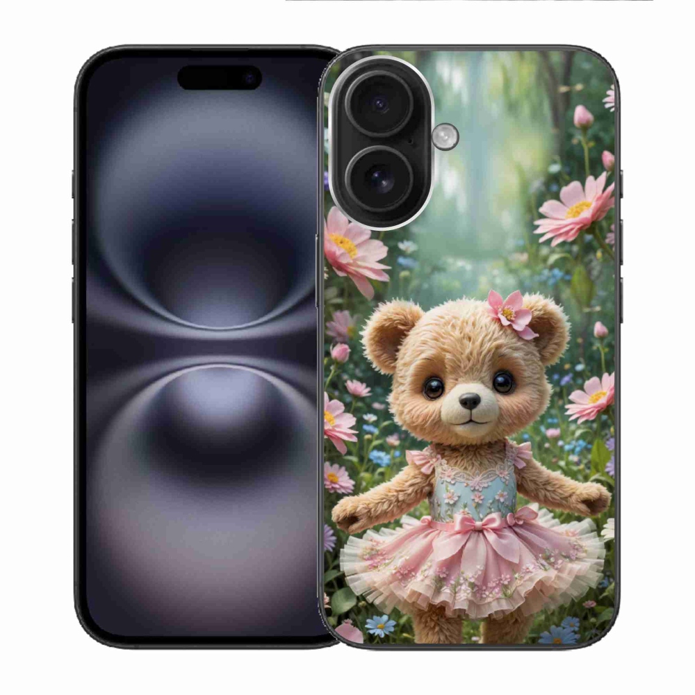 Gelový kryt mmCase na iPhone 16 - roztomilý medvídek v květinách