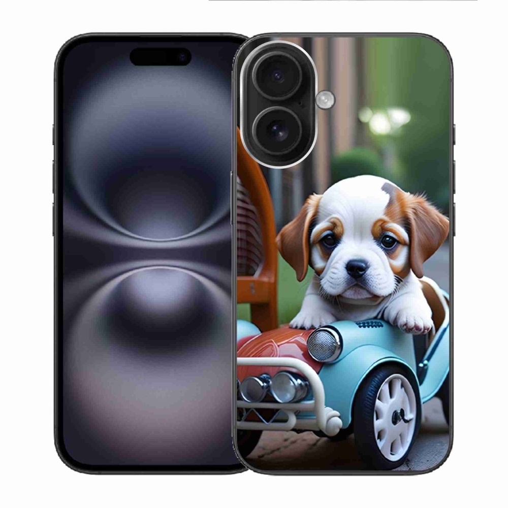 Gelový kryt mmCase na iPhone 16 - štěně v retro autě