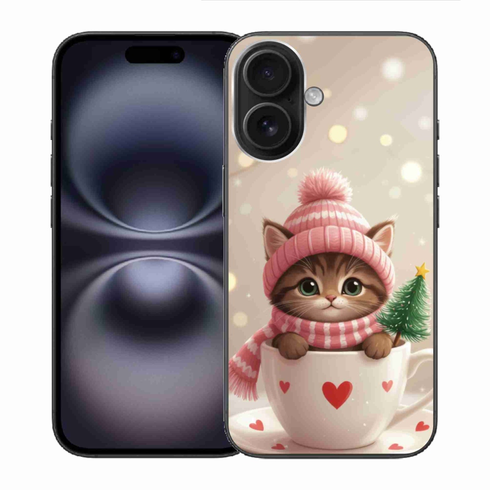 Gelový kryt mmCase na iPhone 16 - vánoční kotě v hrnku