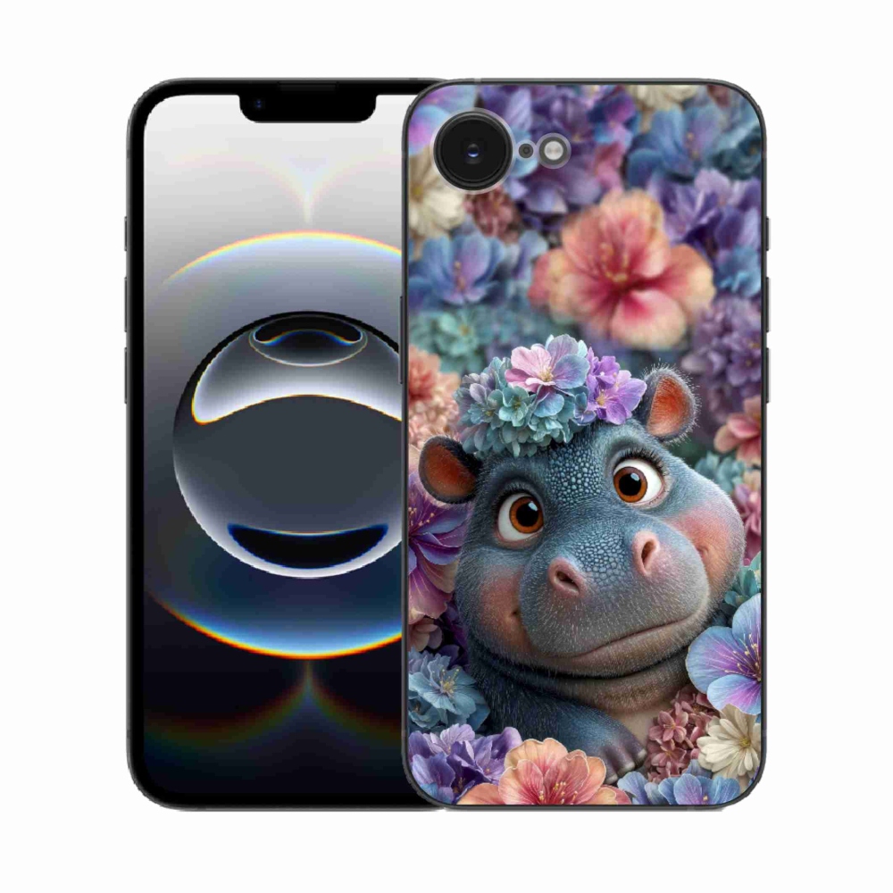 Gelový kryt mmCase na iPhone 16e - hrošík v květinách