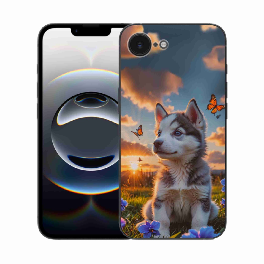 Gelový kryt mmCase na iPhone 16e - husky při západu slunce