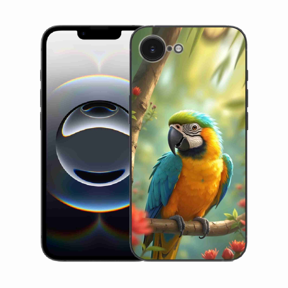 Gelový kryt mmCase na iPhone 16e - papoušek ara modrožlutá