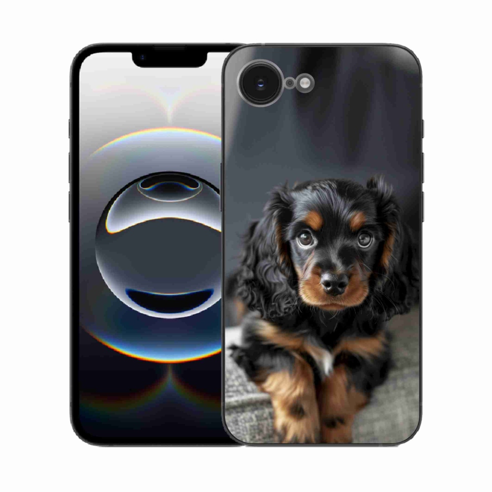 Gelový kryt mmCase na iPhone 16e - roztomilý dlouhosrstý jezevčík