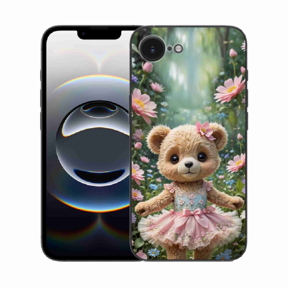 Gelový kryt mmCase na iPhone 16e - roztomilý medvídek v květinách