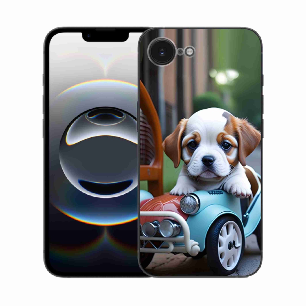 Gelový kryt mmCase na iPhone 16e - štěně v retro autě