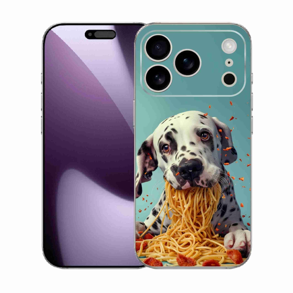 Gelový kryt mmCase na iPhone 17 Pro - dalmatin a špagety