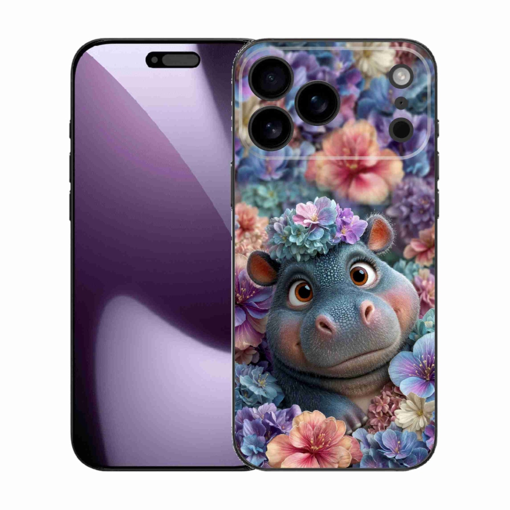 Gelový kryt mmCase na iPhone 17 Pro Max - hrošík v květinách
