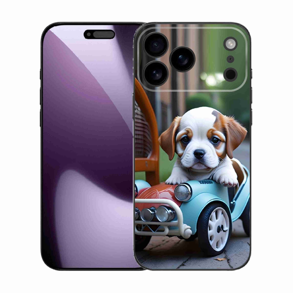 Gelový kryt mmCase na iPhone 17 Pro Max - štěně v retro autě