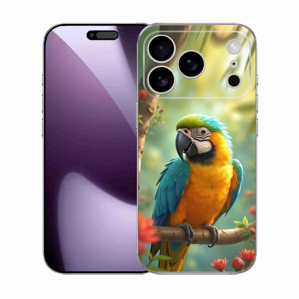 Gelový kryt mmCase na iPhone 17 Pro - papoušek ara modrožlutá