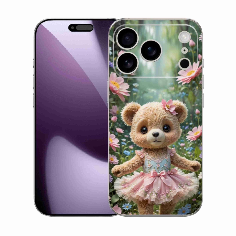 Gelový kryt mmCase na iPhone 17 Pro - roztomilý medvídek v květinách