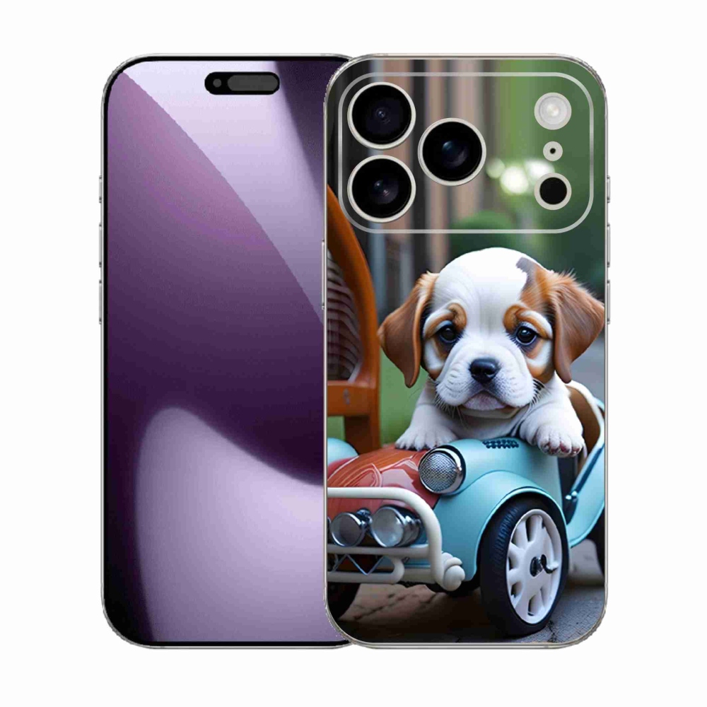 Gelový kryt mmCase na iPhone 17 Pro - štěně v retro autě