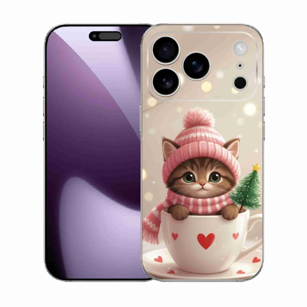 Gelový kryt mmCase na iPhone 17 Pro - vánoční kotě v hrnku