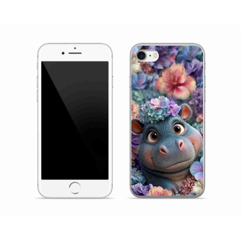 Gelový kryt mmCase na iPhone SE (2020) - hrošík v květinách