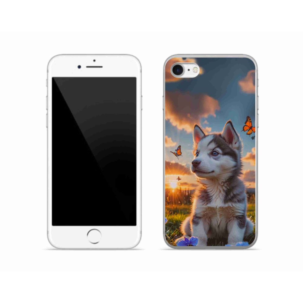 Gelový kryt mmCase na iPhone SE (2020) - husky při západu slunce
