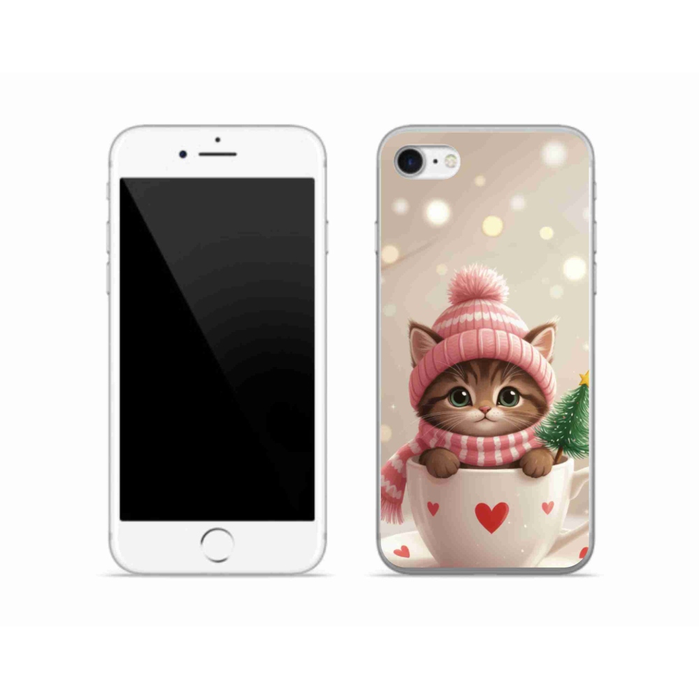 Gelový kryt mmCase na iPhone SE (2020) - vánoční kotě v hrnku