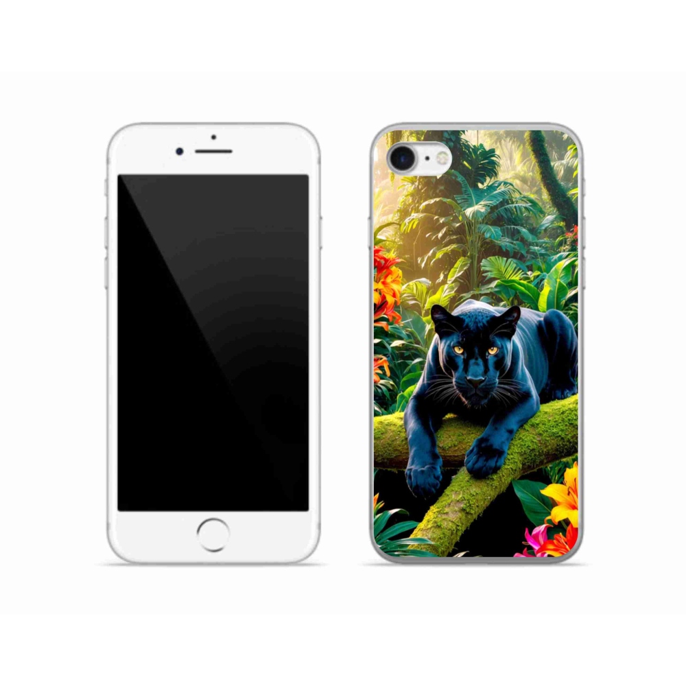 Gelový kryt mmCase na iPhone SE (2022) - černý panter v džungli