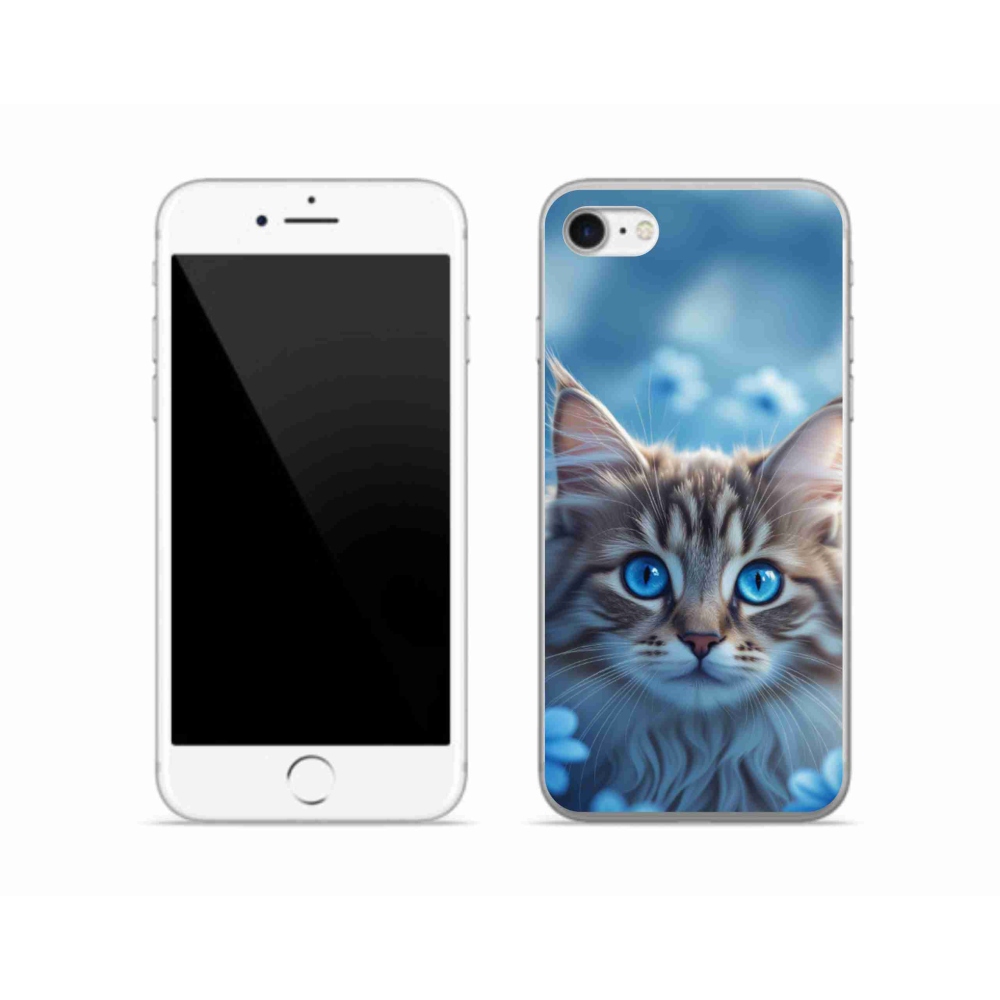 Gelový kryt mmCase na iPhone SE (2022) - koťátko v modrých květech