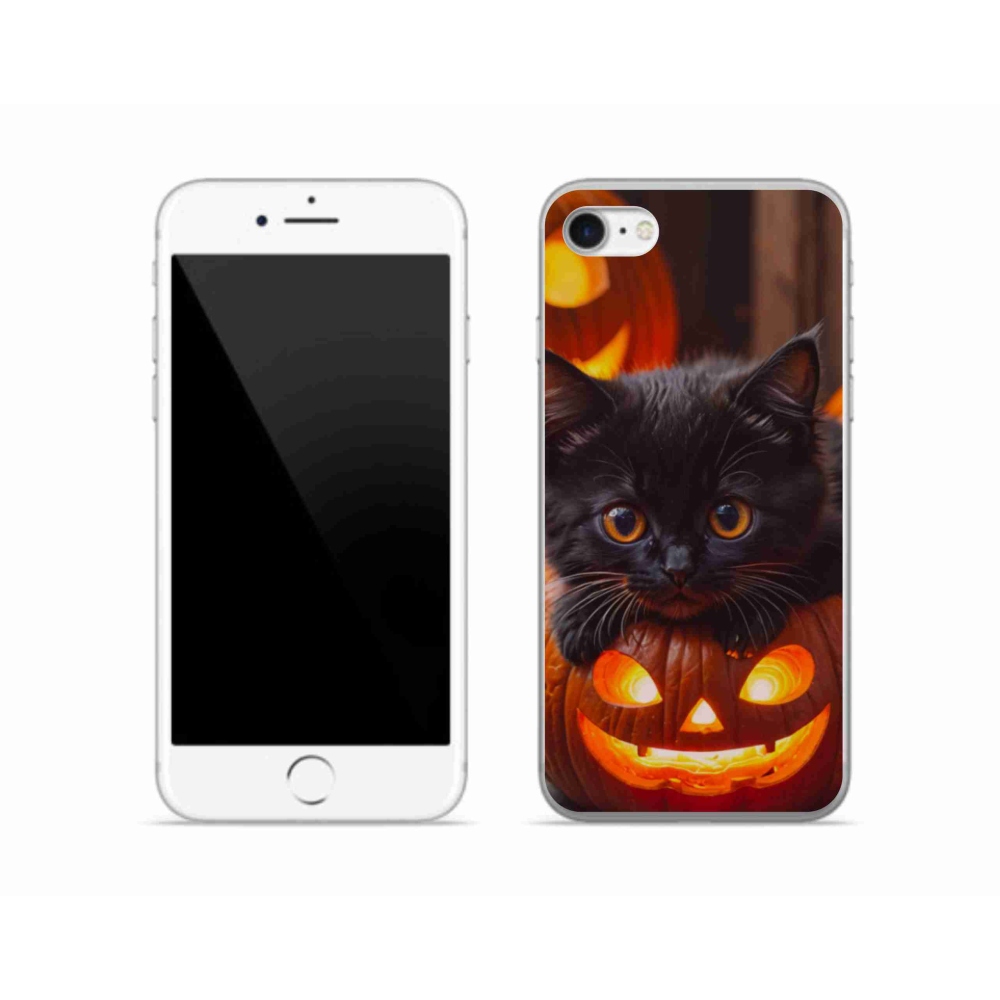 Gelový kryt mmCase na iPhone SE (2022) - kotě a dýně