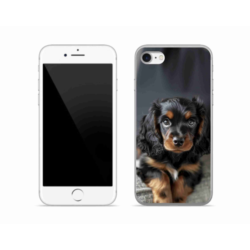 Gelový kryt mmCase na iPhone SE (2022) - roztomilý dlouhosrstý jezevčík