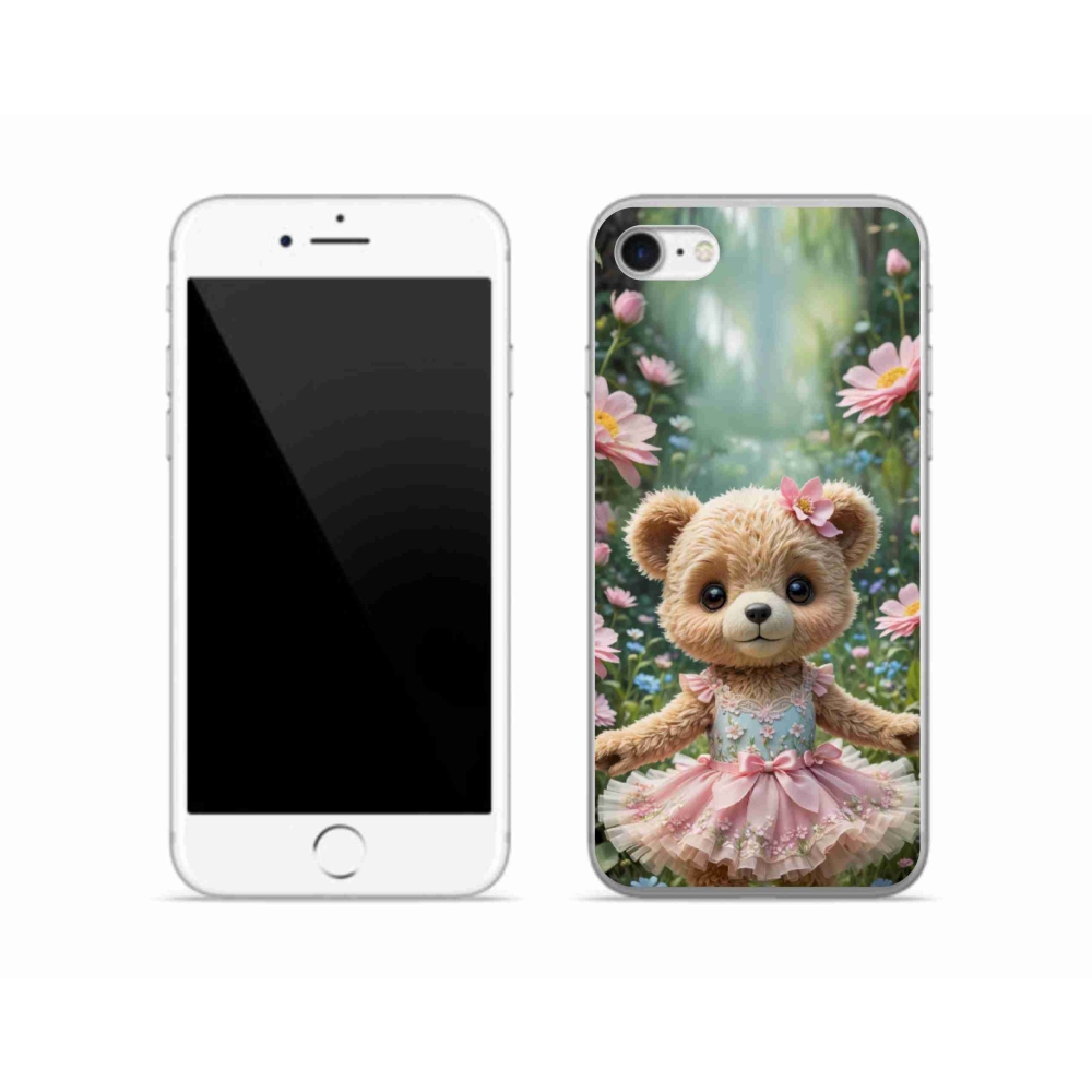 Gelový kryt mmCase na iPhone SE (2022) - roztomilý medvídek v květinách