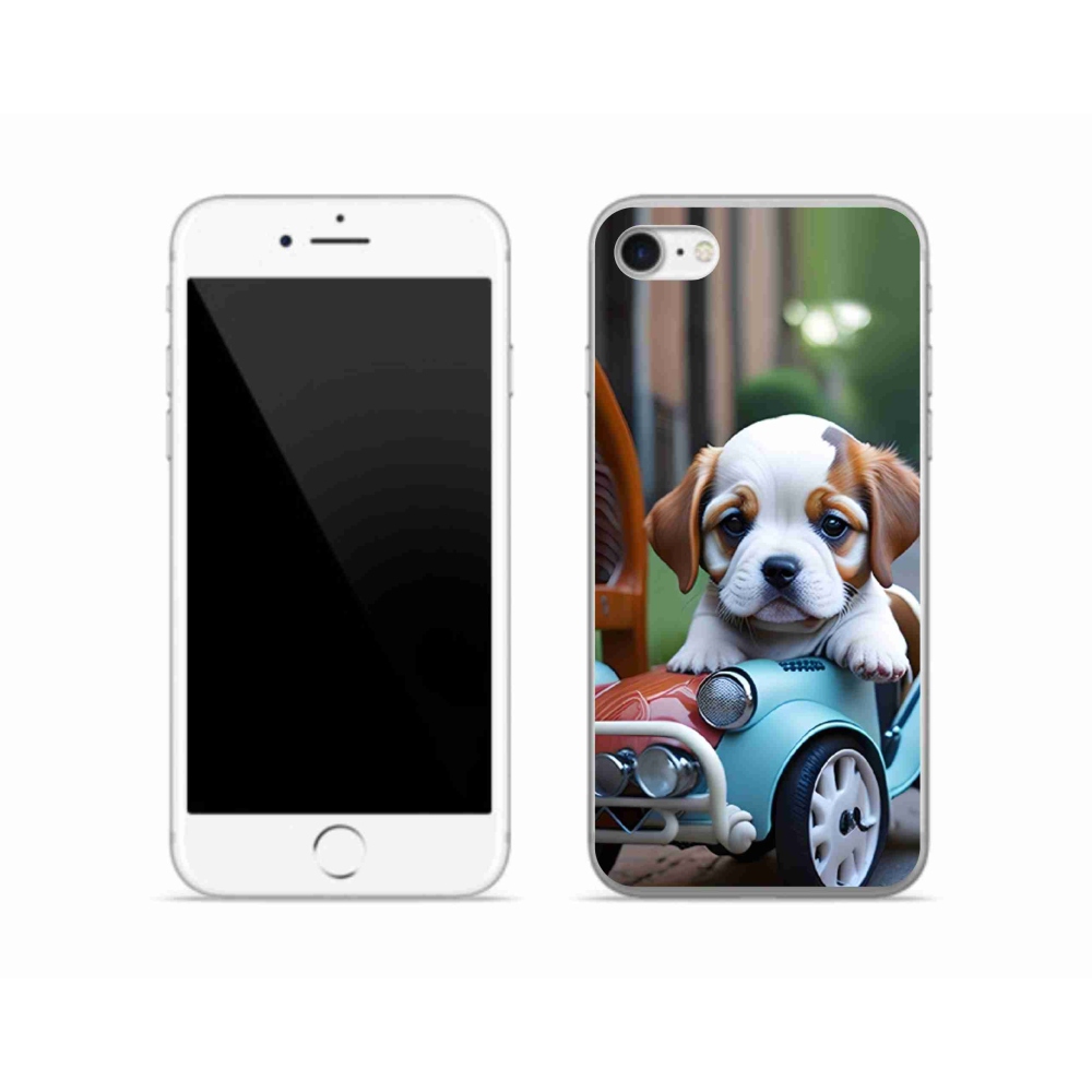 Gelový kryt mmCase na iPhone SE (2022) - štěně v retro autě