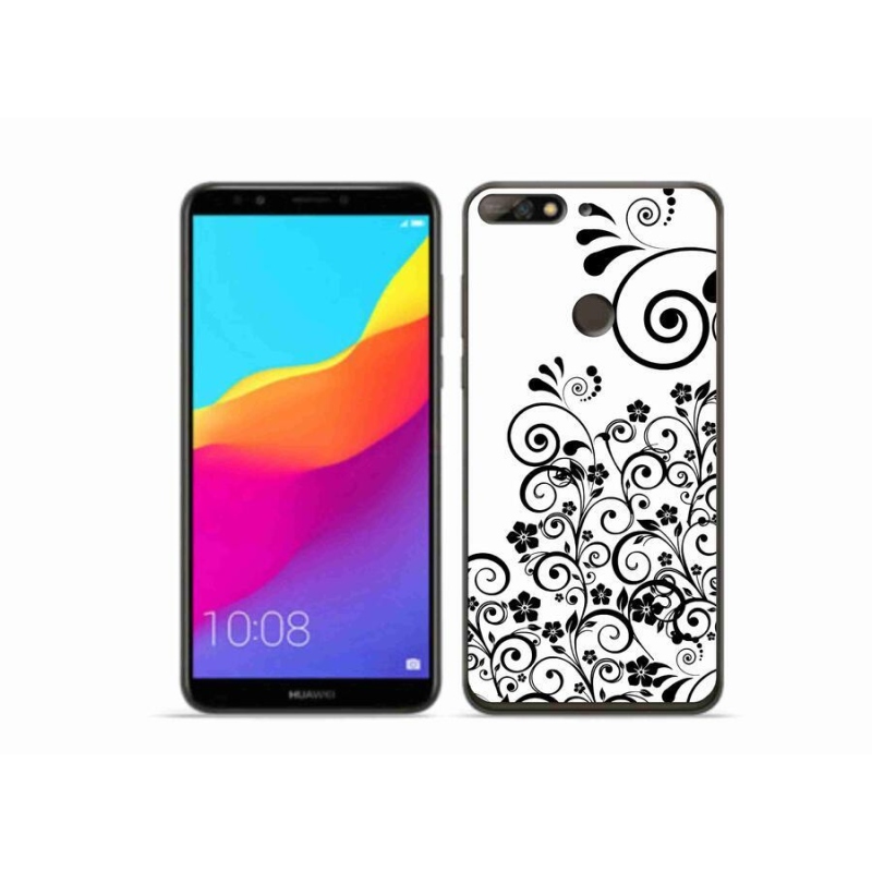 Gelový kryt mmCase na mobil Huawei Y7 Prime (2018) - černobílé květinové vzory