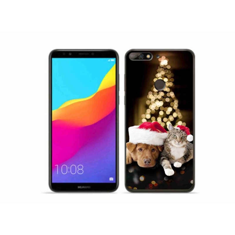 Gelový kryt mmCase na mobil Huawei Y7 Prime (2018) - vánoční pes a kočka
