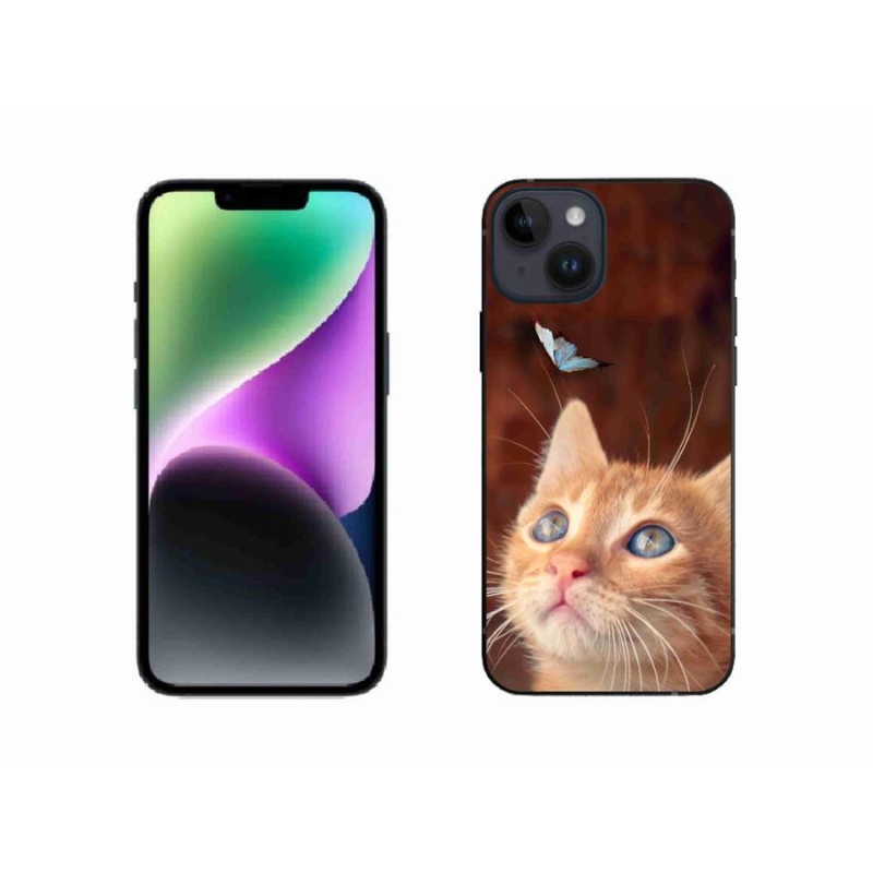Gelový kryt mmCase na mobil iPhone 14 - motýl a kotě