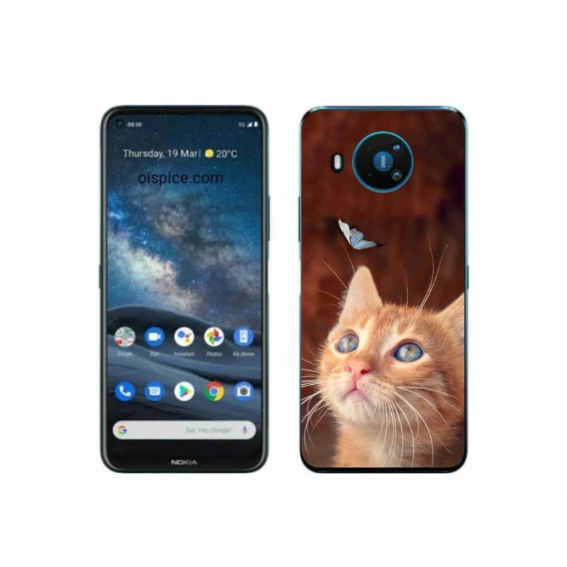 Gelový kryt mmCase na mobil Nokia 8.3 5G - motýl a kotě