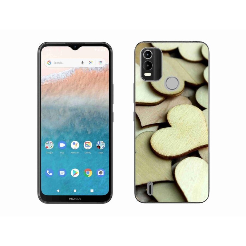 Gelový kryt mmCase na mobil Nokia C21 Plus - dřevěná srdíčka