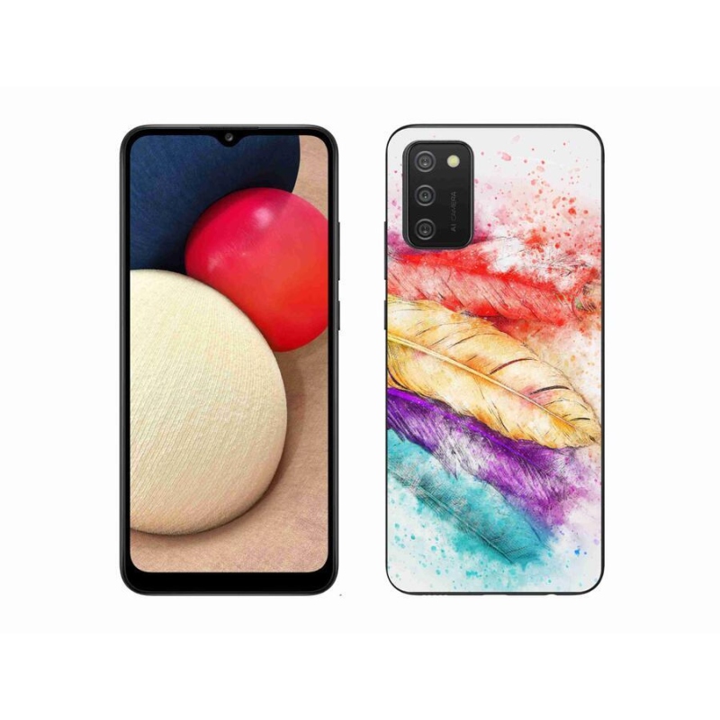 Gelový kryt mmCase na mobil Samsung Galaxy A02s (164.2x75.9x9.1mm) - barevné peří